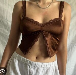 Forever 21 Chocolate Brown Silky Halter Crop Lace Detail Top, Size Med